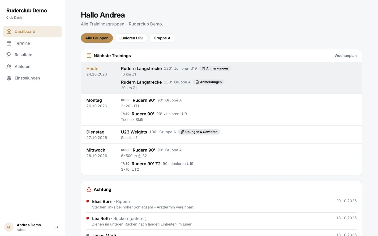 Trainer-Dashboard von Club Dash mit Wochenübersicht, Terminen und offenen Aufgaben (Demodaten)